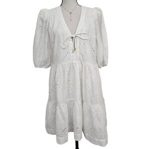 MSRP $330 Heidi Klein White Eyelet Cotton Midi Dress S Puff Sleeve Boho Coastal